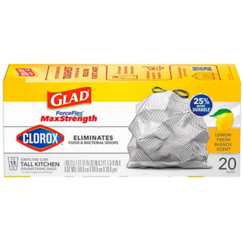 glad20ct.jpg Glad Tall Kitchen 13 Gallon Drawstring Bags ForceFlex MaxStrength with Clorox Lemon Scent 20ct - Image 1