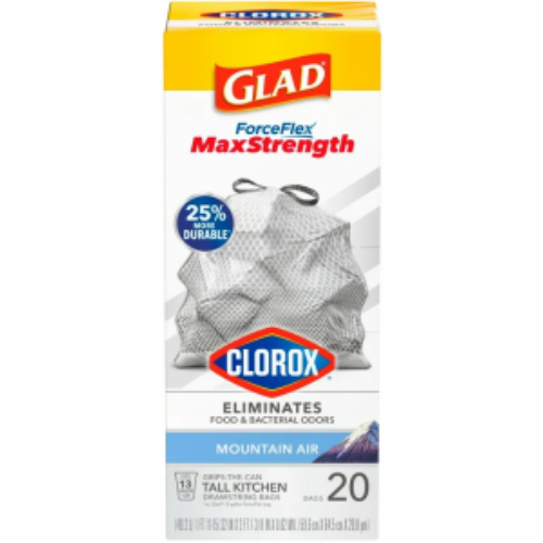 gladmountain20.jpg Glad Tall Kitchen 13 Gallon Drawstring Bags ForceFlex MaxStrength with Clorox Mountain Air 20ct - Image 1